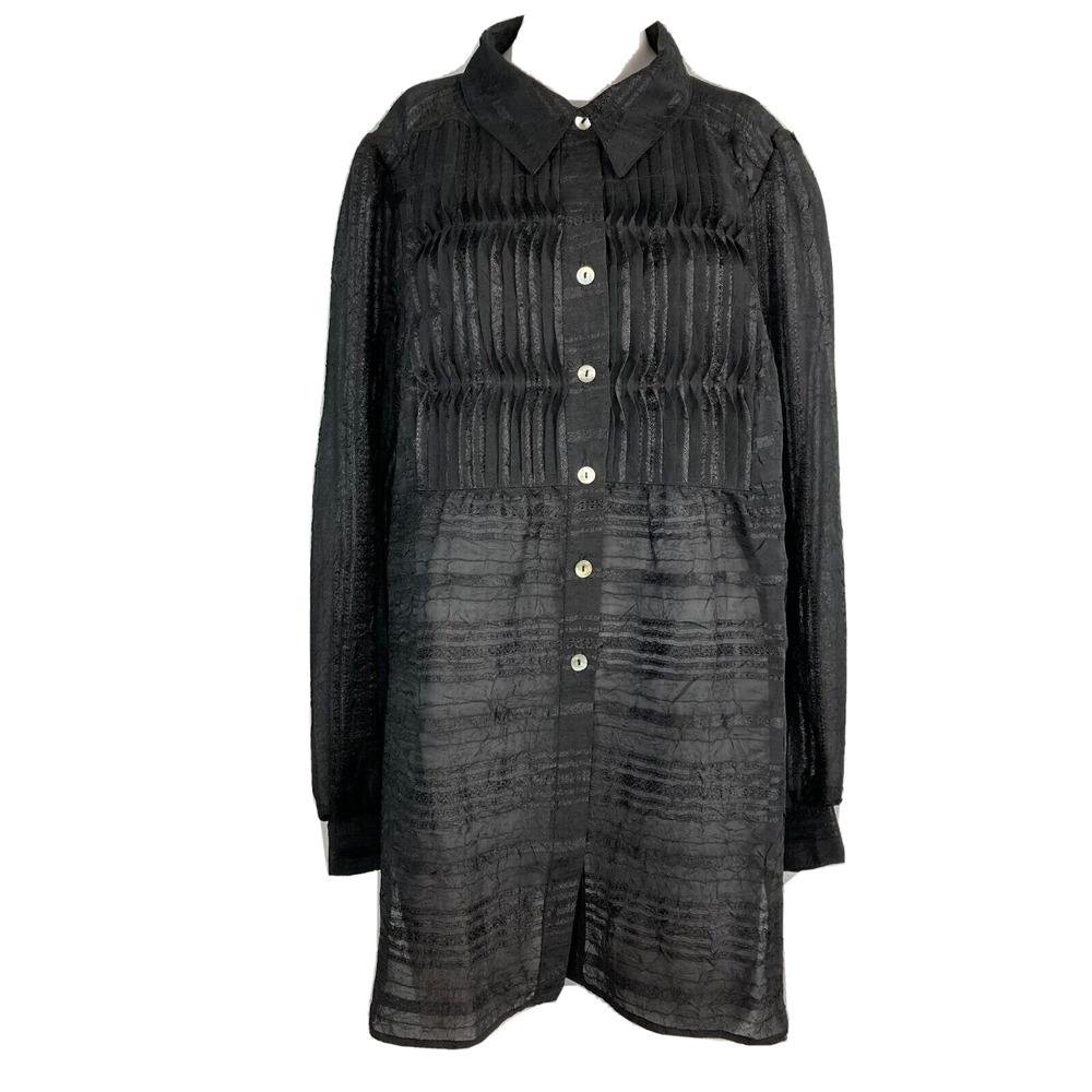 George Simonton Says Shirt Womens Sz M Black Sheer Lace Pleated Button Tunic